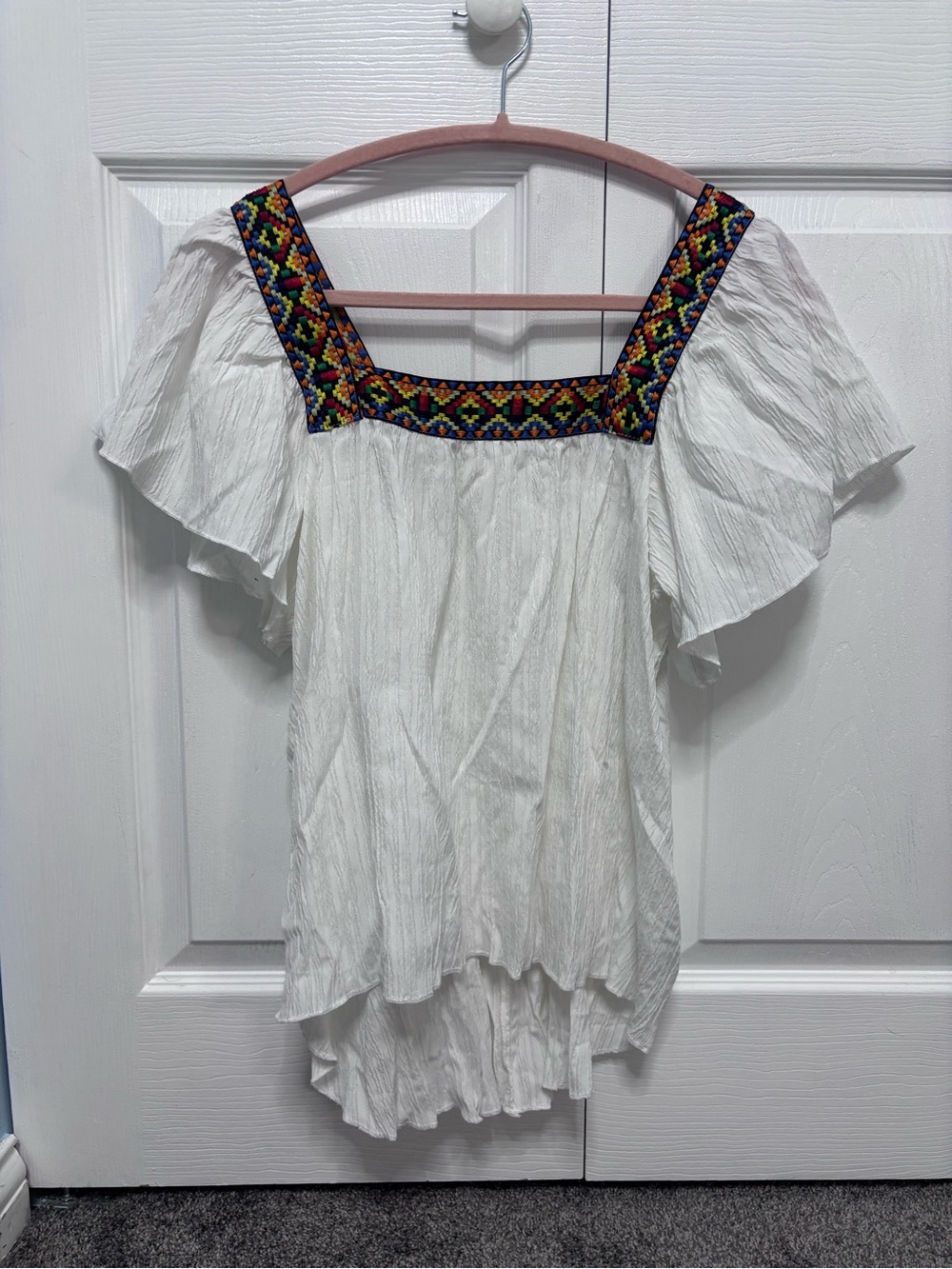 SHEIN White Boho Square-Neck Embroidered Flutter Sleeve Top